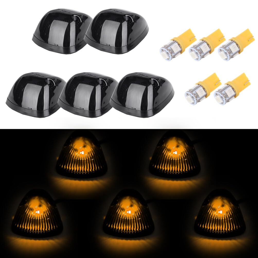 LBRST 5x Top Cab Marker Roof Running Light Assembly+T10 5-5050-SMD Yellow LED Bulbs Smoke Cover Cab Roof Running Clearance Marker Light for 1973-1997 Ford F150 F250 F350 Pickup Trucks Clearance Light