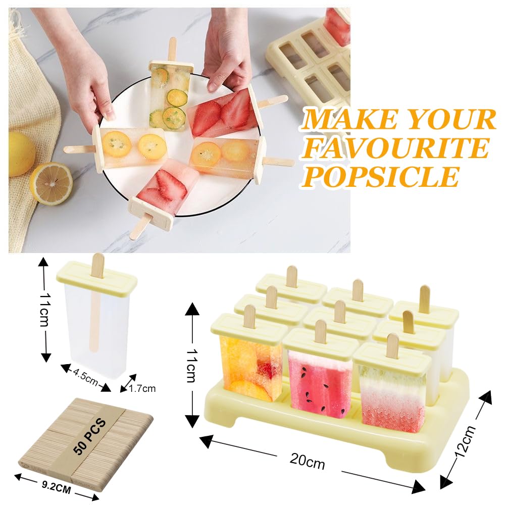 Stampi Per Ghiaccioli, Formine Ghiaccioli, 9 pezzi Stampo Ghiaccioli con Spazzola, Stampi per gelato creativi fatti in casa riutilizzabili, facili da sganciare, Beige