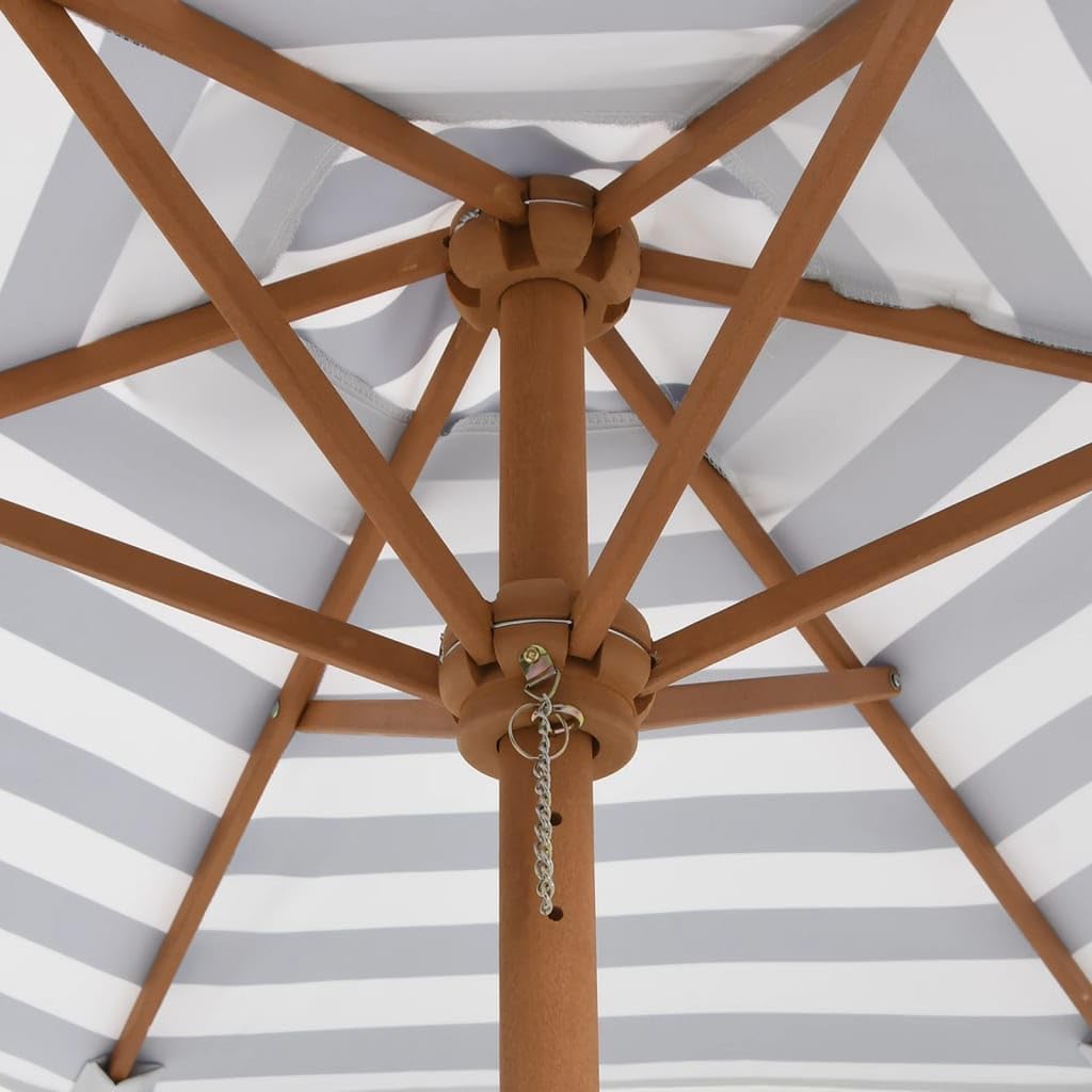 Ombrellone con palo in legno, diametro 120 x 140 cm, piccolo ombrellone da giardino blu e bianco, rotondo con 6 stecche in legno, per terrazza, giardino e tavolo da picnic