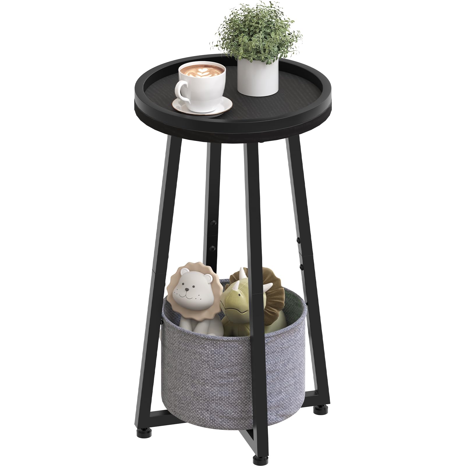 HOOBRO Round Side Table, 2 Tier Sofa Side Table Small Table with Storage Basket, Round Bedside Table, Compact Corner Tables for Small Spaces, Living Room, Bedroom, Black EBB183BZ01