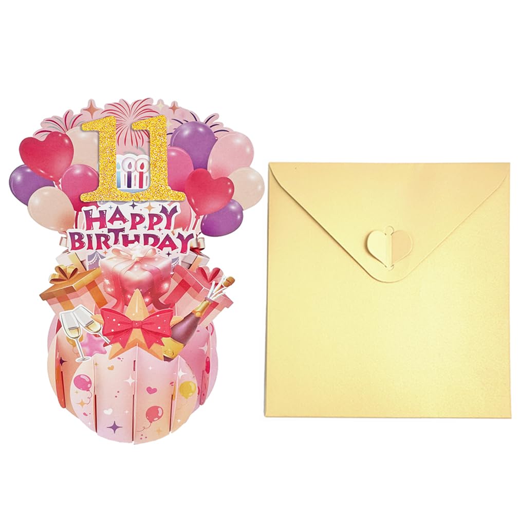 Twizler Biglietto Auguri 11° Compleanno Per Ragazze – Con Trampolino E Messaggio Happy Birthday, 15,5x15,5cm Con Busta Rossa - 2