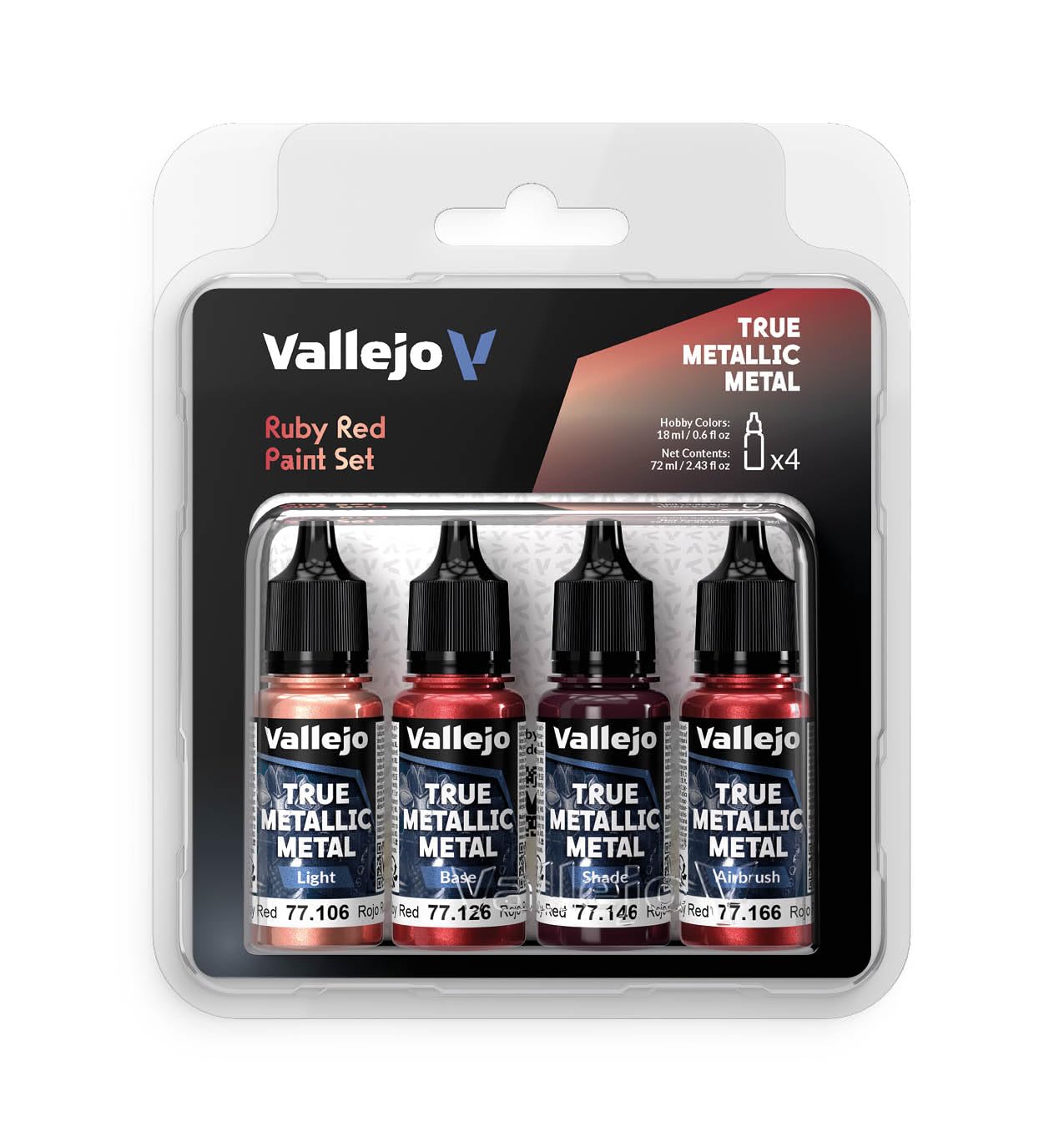 Vallejo True Metallic Paint Set, Ruby Red for Metal Painting, 4 Colors for Base, Light, Shade and Airbrush, BSL System for Consistent Results
