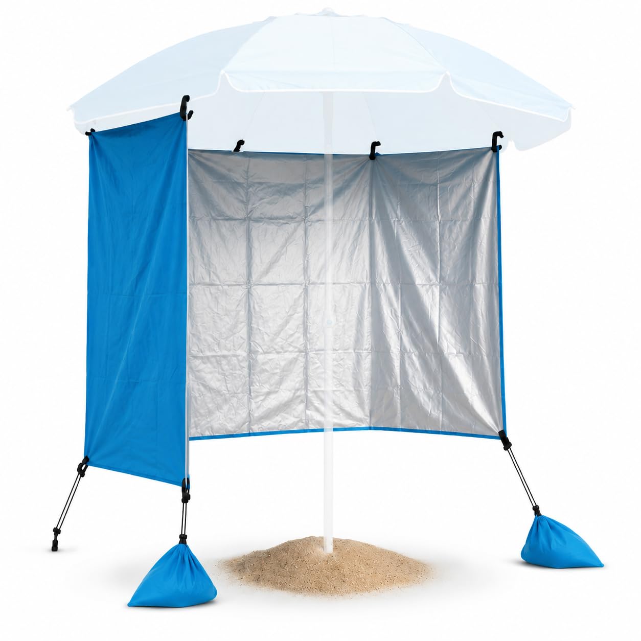 Pincho Tenda laterale per ombrellone da spiaggia, paravento da spiaggia con sacchi di sabbia, ombra extra antivento, riparo pieghevole per ombrellone, accessorio compatto, resistente e leggero, 200 x