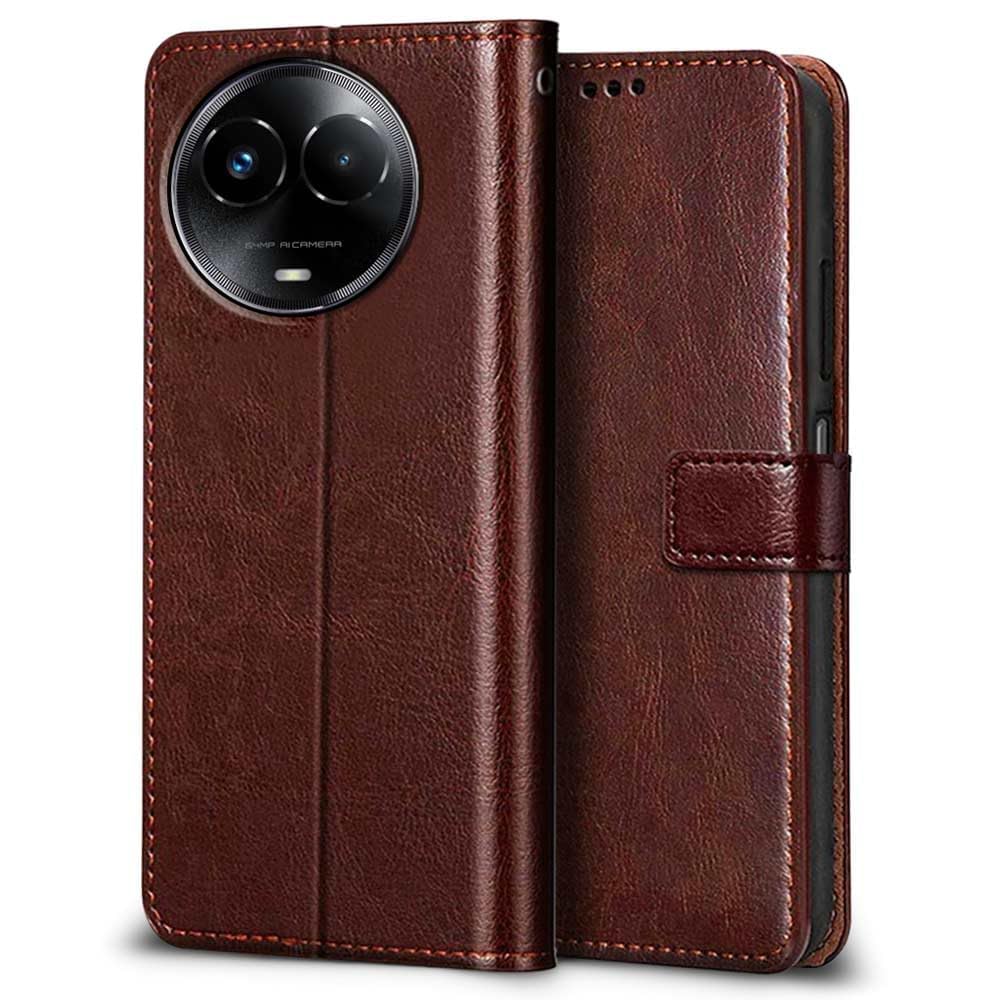 TOUCCH Flip case for Realme Narzo 60X 5G | Realme 11 5G | Realme 11X 5G | Realme C67 5G| Leather Finish Cover & Flexible Stand Design | Card and Money Pocket | Brown