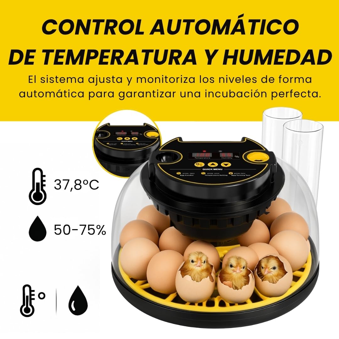 INCUBADORA HUEVOS AUTOMÁTICA Para Todo Tipo De AVES| 12-16 Huevos| Control Automático De Temperatura, Humedad| Incluye Calendario,Comedero,Bebedero y Guía|Sin baterías,alimentación por enchufe 35W
