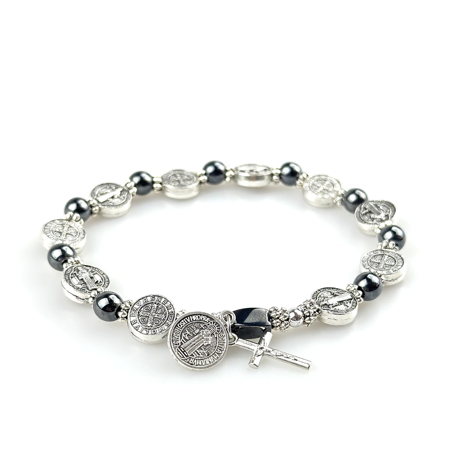 Catholic Rosary Metal Bracelet Saint Benedict Medal Bracelet for Men and Women Faith Baptism silvery