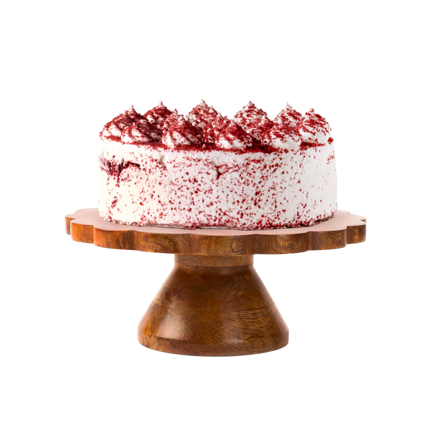 “Scallop” Footed Wood Cake Stand (Mangowood, Polished) - Handcrafted Cake Display Decor - Round Cake & Cupcake Stand for Kitchen or Dining Table Centerpieces - Decorative Cake Platter - 12” x 4” x 5”