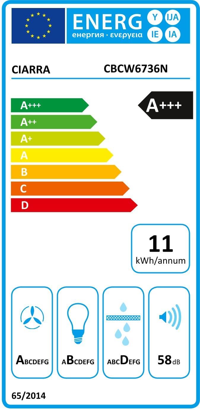 CIARRA Campana Extractora Inclinada 60 cm, A+++,650 m³/h,Touch,CBCW6736N | Blanco Panel Cristal Extractor | Recirculación/Evacuación | 4 Velocidades | Luz LED | Filtro Carbón CBCF003 No Incluido