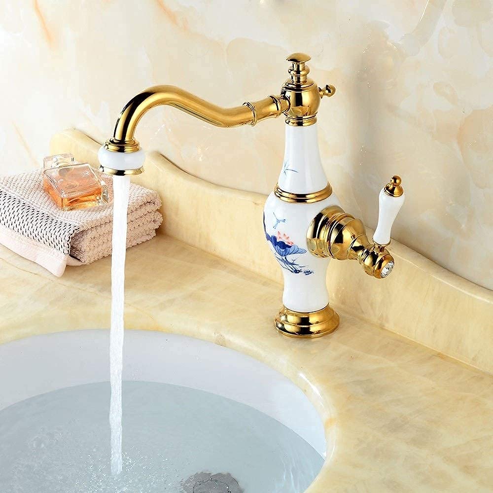 Amazon | 蛇口、ゴールド洗面器蛇口レトロバスルーム冷熱蛇口シンク 