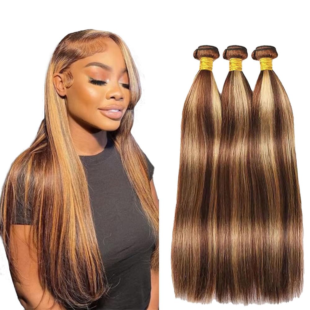 Photo 1 of GLSMOSNW Highlight Straight Bundles Human Hair P4/27 Ombre Bundles 14 16 18 Inch Two Tone Blonde And Brown Ombre Bundle For Women