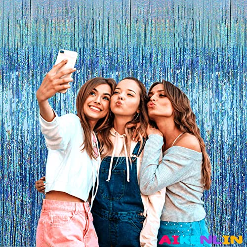 Image of 4 Pack 3.2Ft x 8.2Ft Light Blue Foil Fringe Curtain Backdrop, Metallic Tinsel Foil Fringe Streamers Curtains for Photo Booth, Birthday, Wedding, Disco, Bachelorette, Christmas Party Decoration