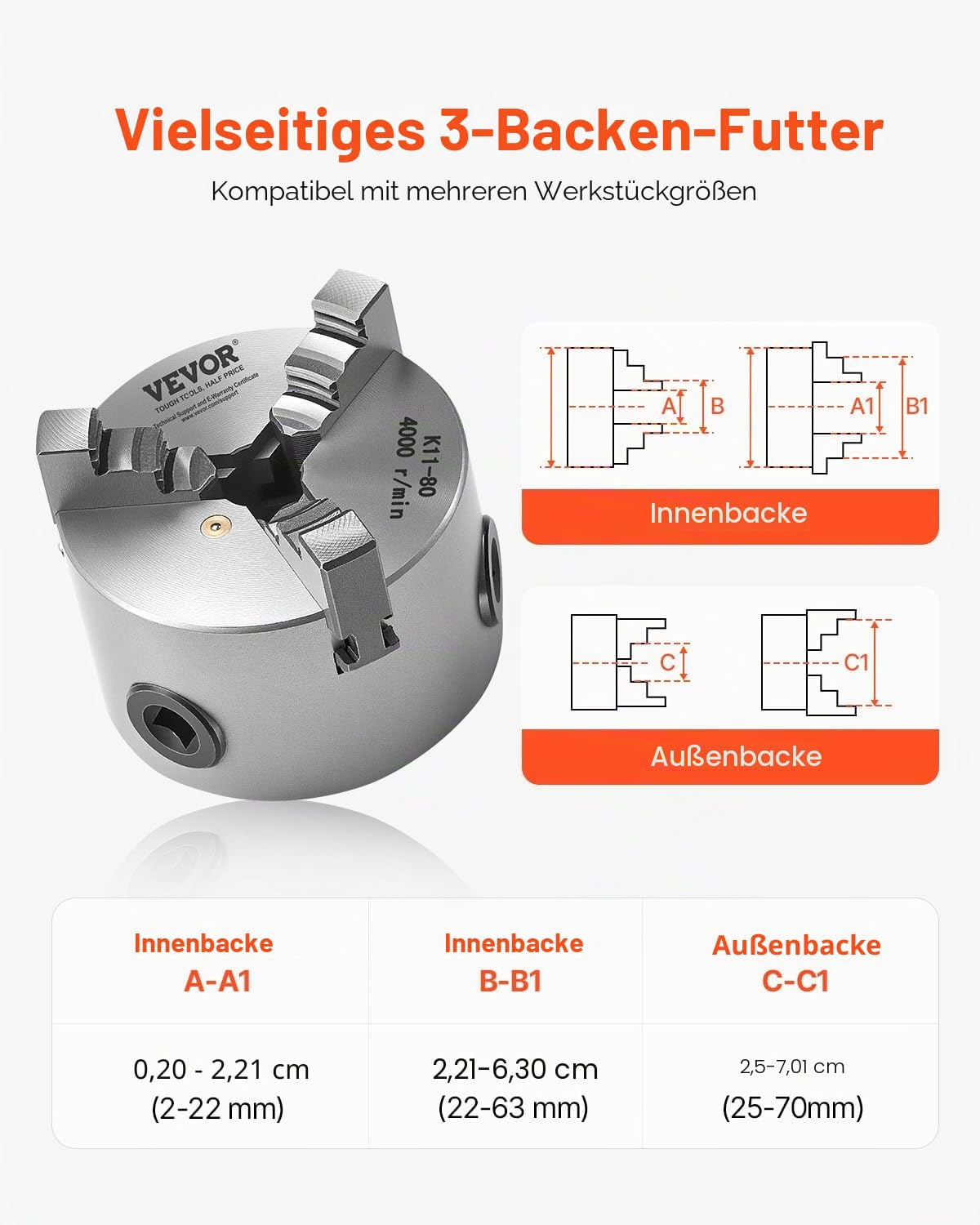 VEVOR 3-Backen-Drehfutter, 80 mm, selbstzentrierendes Spannfutter, 2-63 mm Spannbereich mit T-Schlüssel-Befestigungsschrauben, umkehrbare Backen, HT300-Material, für Holz-Metall-Drehmaschine