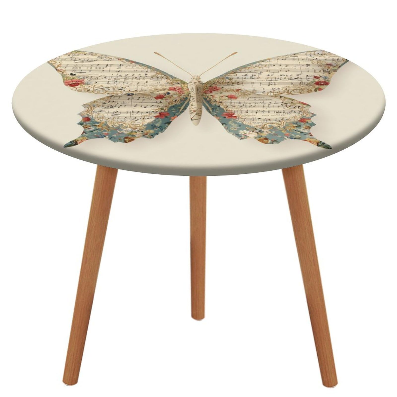 Jubonexis Butterfly with Small Floral Music Pattern Round Tablecloth,Waterproof Elastic Fitted Table Covers for Picnic Camping Dining 130 Cm