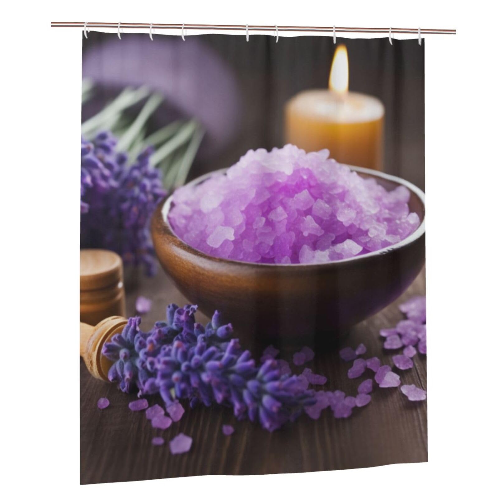 BWWHCCTI Lavender Flower and Spa Salt Printed Shower Curtain With 12 Plastic Hooks Opaque Quick Drying Waterproof Shower Curtains Sets For Bathroom 152x183 Cm
