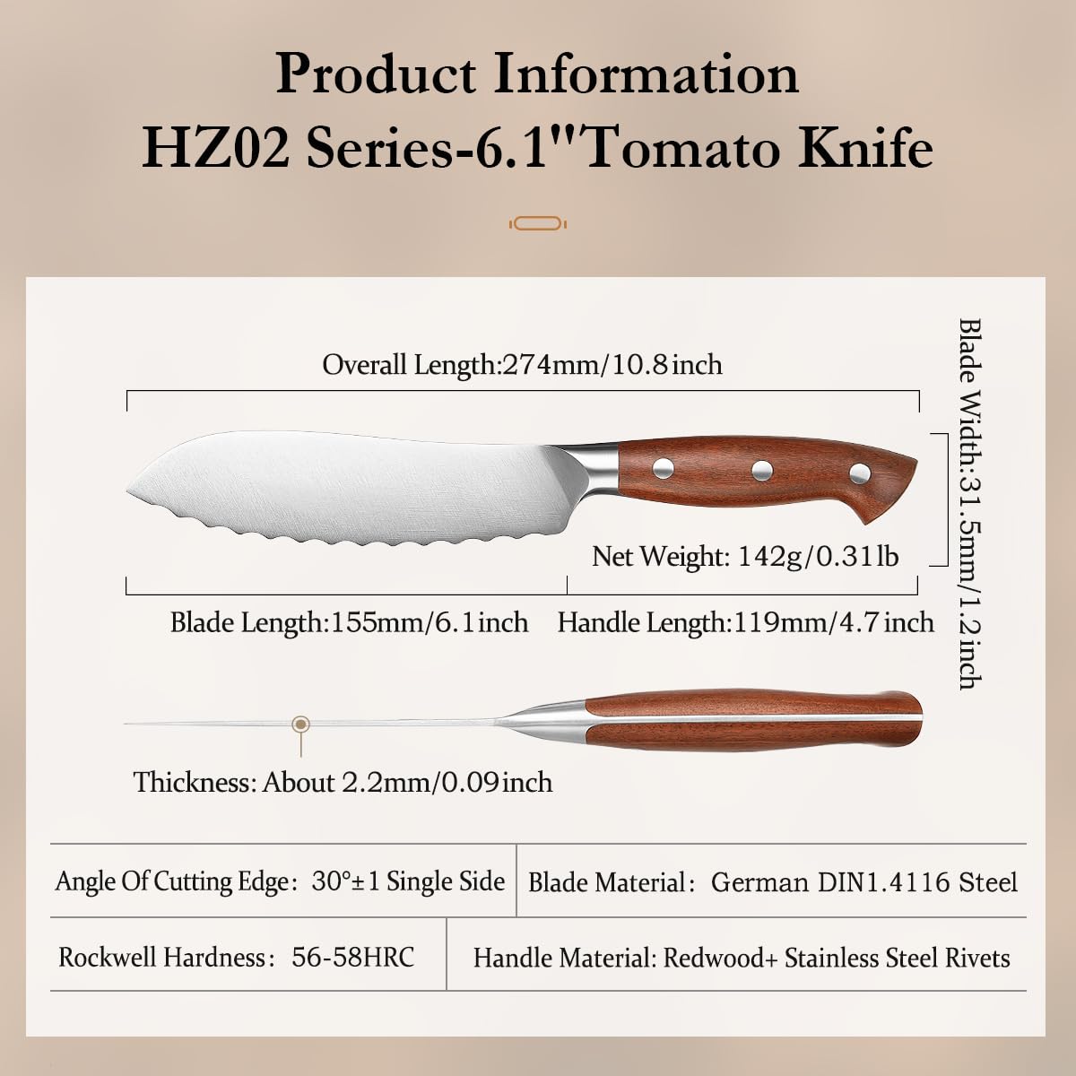 HEZHEN Profi Tomatenmesser Rostfreier Stahl, Wellenschliff Hartstahl Auberginenmesser, Scharfe Gezahnte Klinge Brotzeitmesser, Frühstücksmesser Full Tang Holzgriff