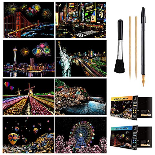 Scratch & Sketch Art Paper A4 para niños y Adultos, Rainbow Painting Night View Art & Craft, 8 Hojas de Scratch Cards y Scratch Drawing Pen, Clean Brush (U.S.A+Europe)