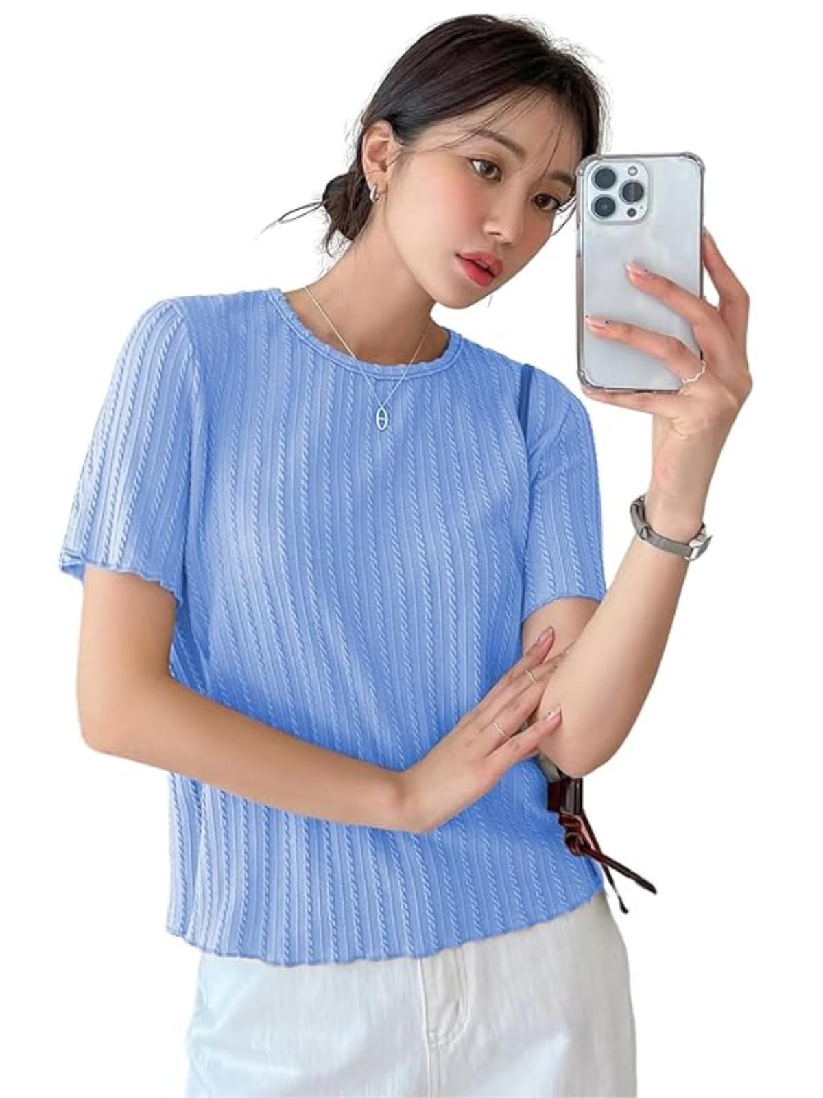savayo Women’s Regular Fit Crop Tops for Jeans | Round Neck T-Shirt | Korean Trendy Casual Style | Half Sleeve, Textured, Collarless | Tank & Formal Wear-picture-16