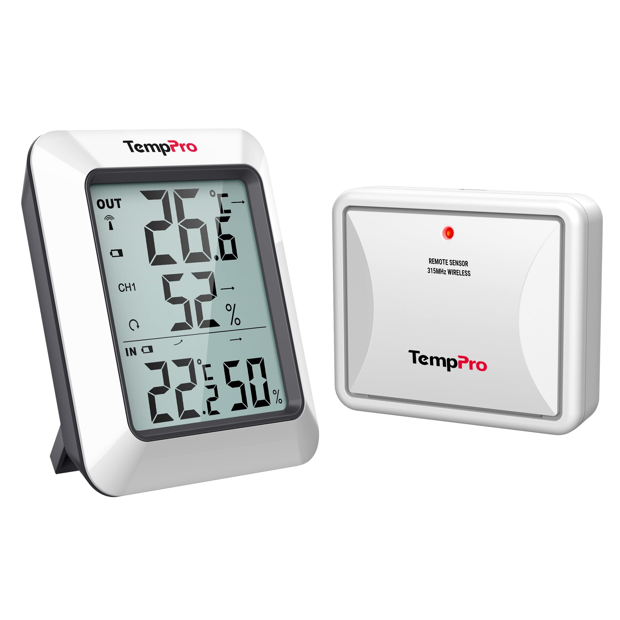 TempPro デジタル温湿度計 ワイヤレス 最高最低記録 見やすい 大画面 高精度 置き掛け両用 単4形電池付 室内・室外用 温度計湿度計