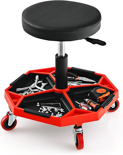 Safstar Garage Shop - Asientos enrollables taburete neumático ajustable con bandeja de almacenamiento de herramientas y 4 ruedas universales