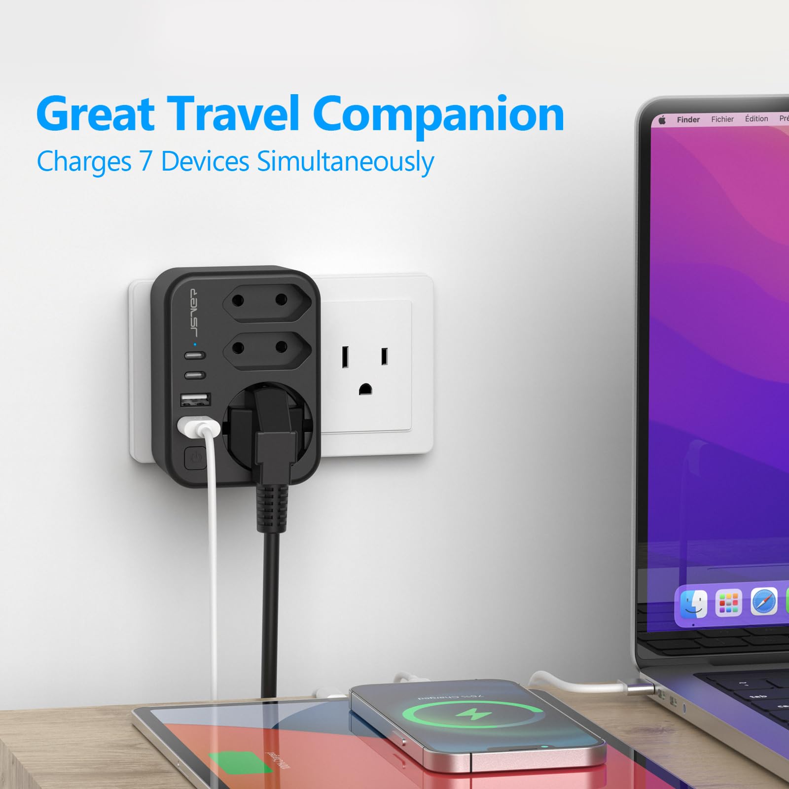 JSVER Adaptateur de Voyage 7 en 1 France vers États-Unis Canada 4 Ports USB 2A+2C Prises Type B Noir