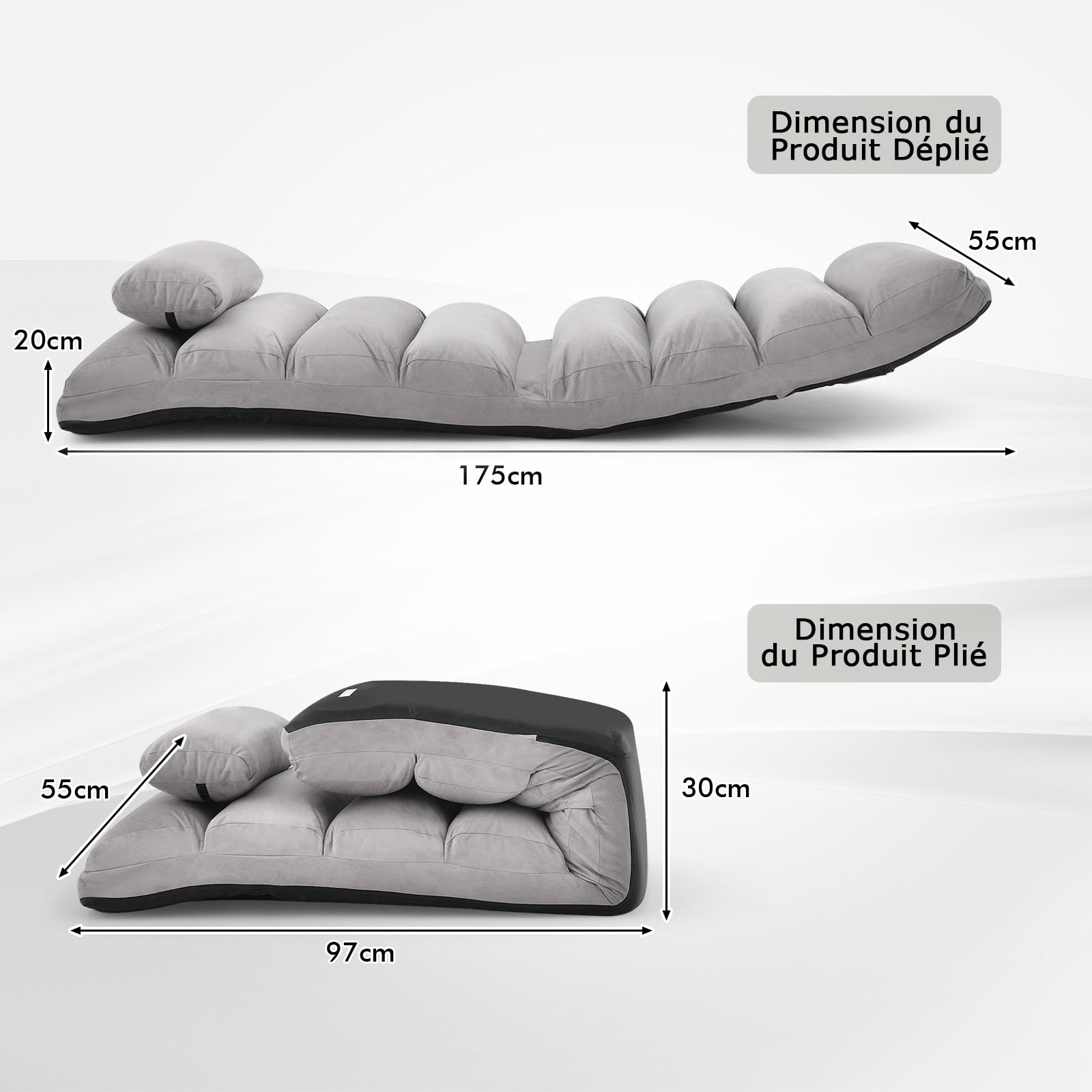 COSTWAY Fauteuil Relax Salon en Faux Daim Pliable, Réglable sur 5 Positions Chaise de Relaxation Rembourrée Fauteuil Sol pour Salon, Mobilier de Bureau, Chambre (Gris)
