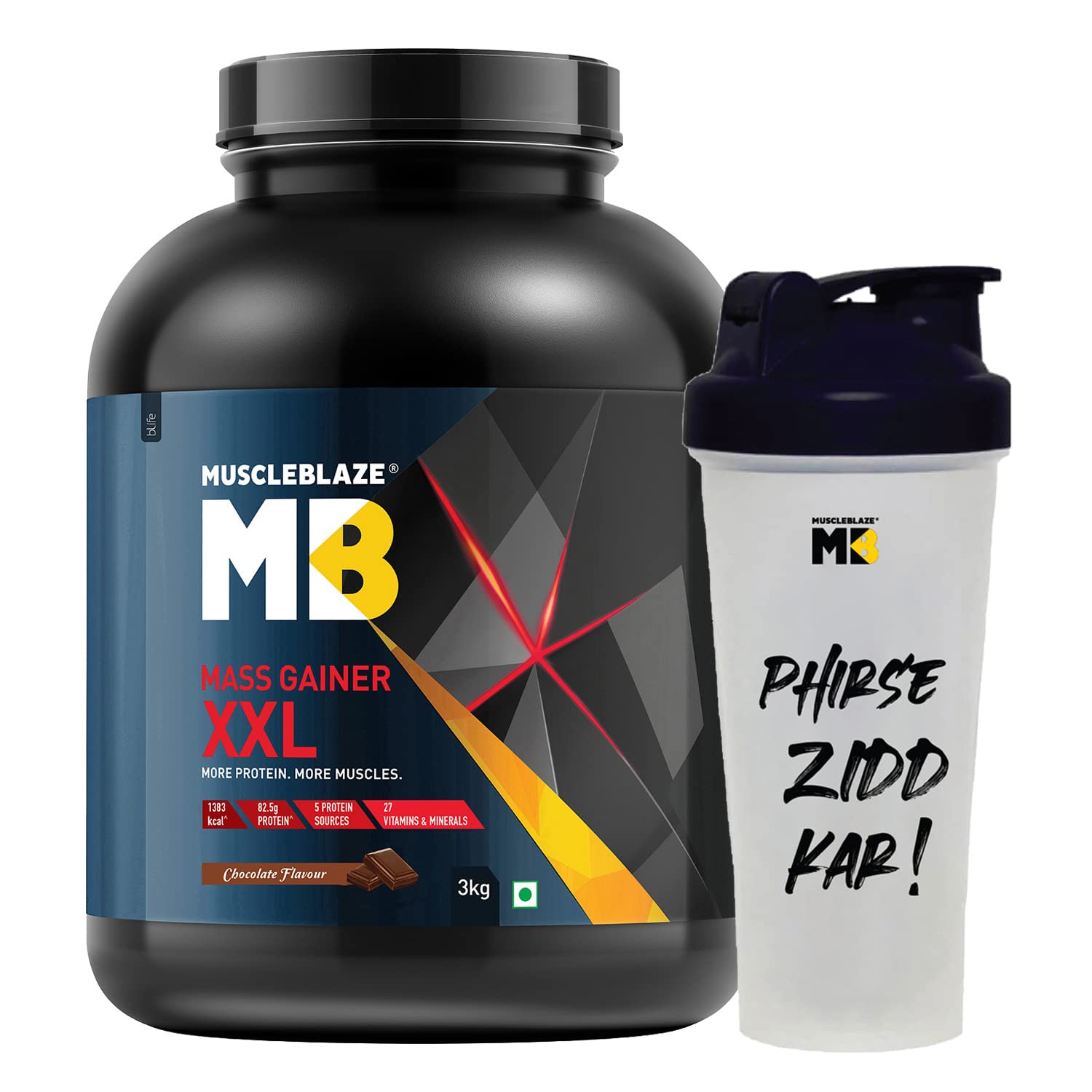 MuscleBlaze Mass Gainer XXL, Chocolate, 3 kg / 6.6 lb, 30 Servings with Shaker, 650 ml (Combo Pack)