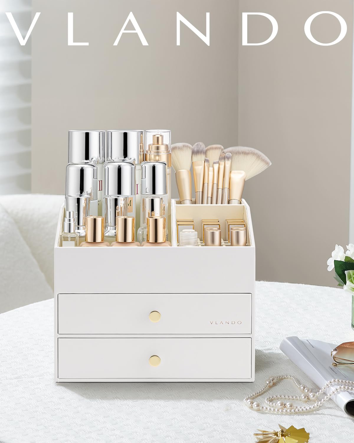 Vlando - Organizer per trucco per toeletta, organizer da banco a grande capacità con cassetti, custodia in pelle PU per cosmetici, ideale per rossetto, pennelli, prodotti per la cura della pelle