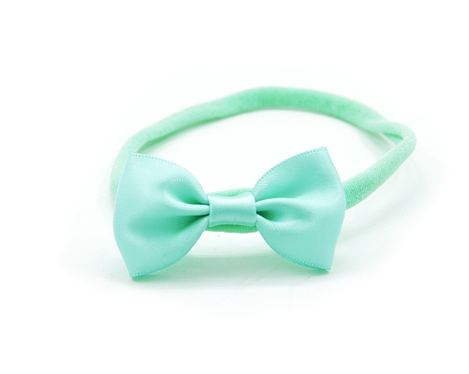 PrettyBoutique Baby Girls Satin Bow Soft Skinny Elastic Nylon Headband Hair Band Accessories (Mint)