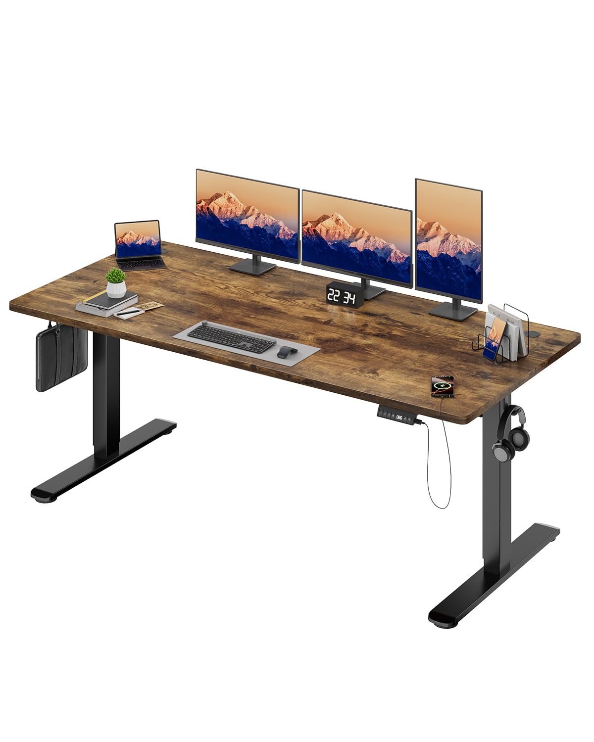 Devoko 180x80cm Electric Standing Desk with USB Charging Height Adjustable with 3 Memory Setting Adjustable with Time Reminder Sit Stand with Lock Setting,Rustic Brown