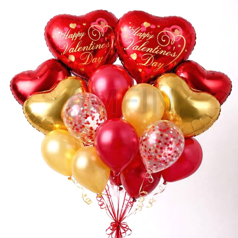 Image of AMFIN (Pack of 14) Happy Valentine's Day Balloon Decoration Set | Romantic Heart Foil Bouquet Metallic Helium Bunch Proposal Anniversary Celebration Party Decor - Red Mehroon