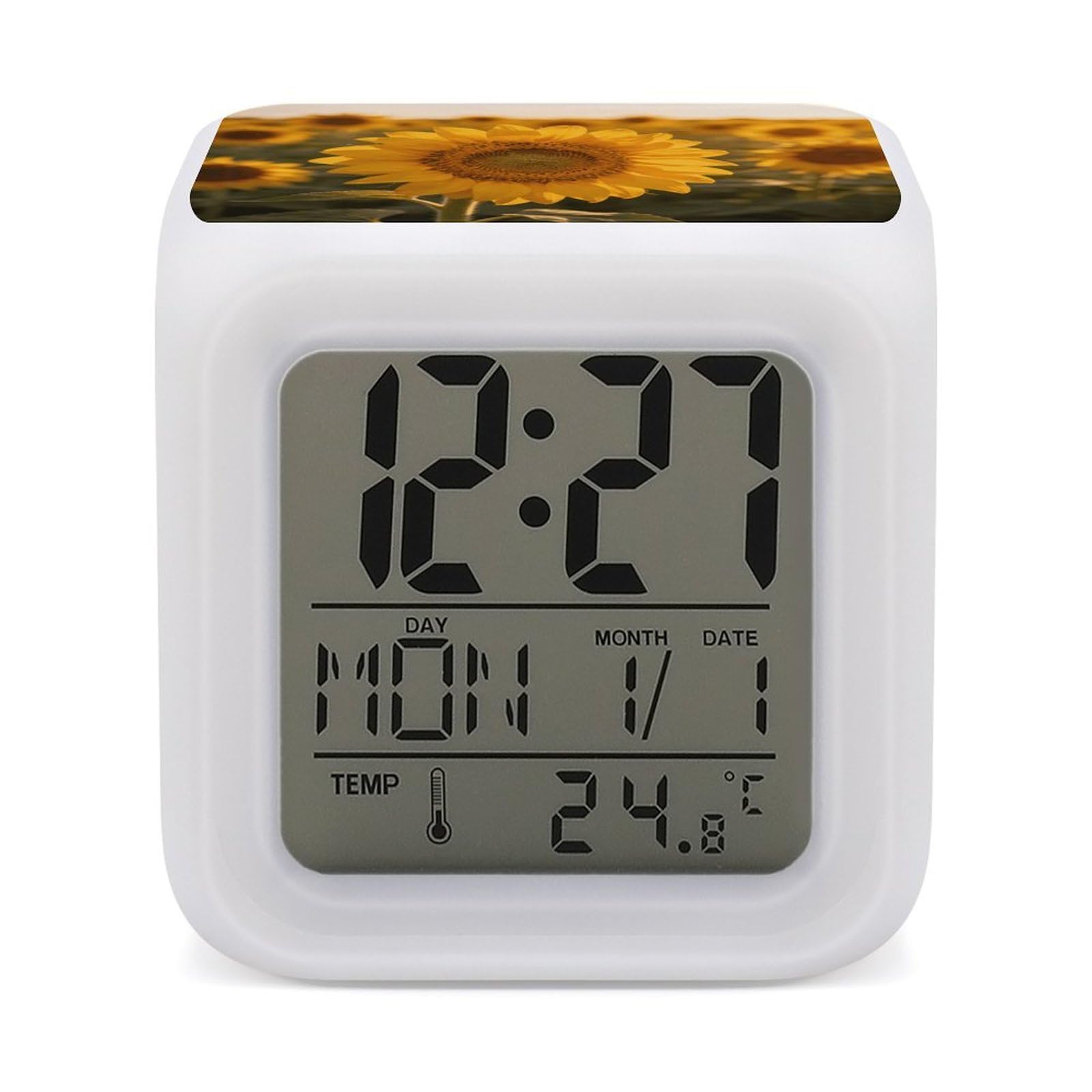LZQPOEAS Sunflower Alarm Clock with 7 Color Changing Nightlight for Bedroom Calendar Temperature Display Wake Up Digital Clock Small Desk Clocks for Heavy Sleepers Adults
