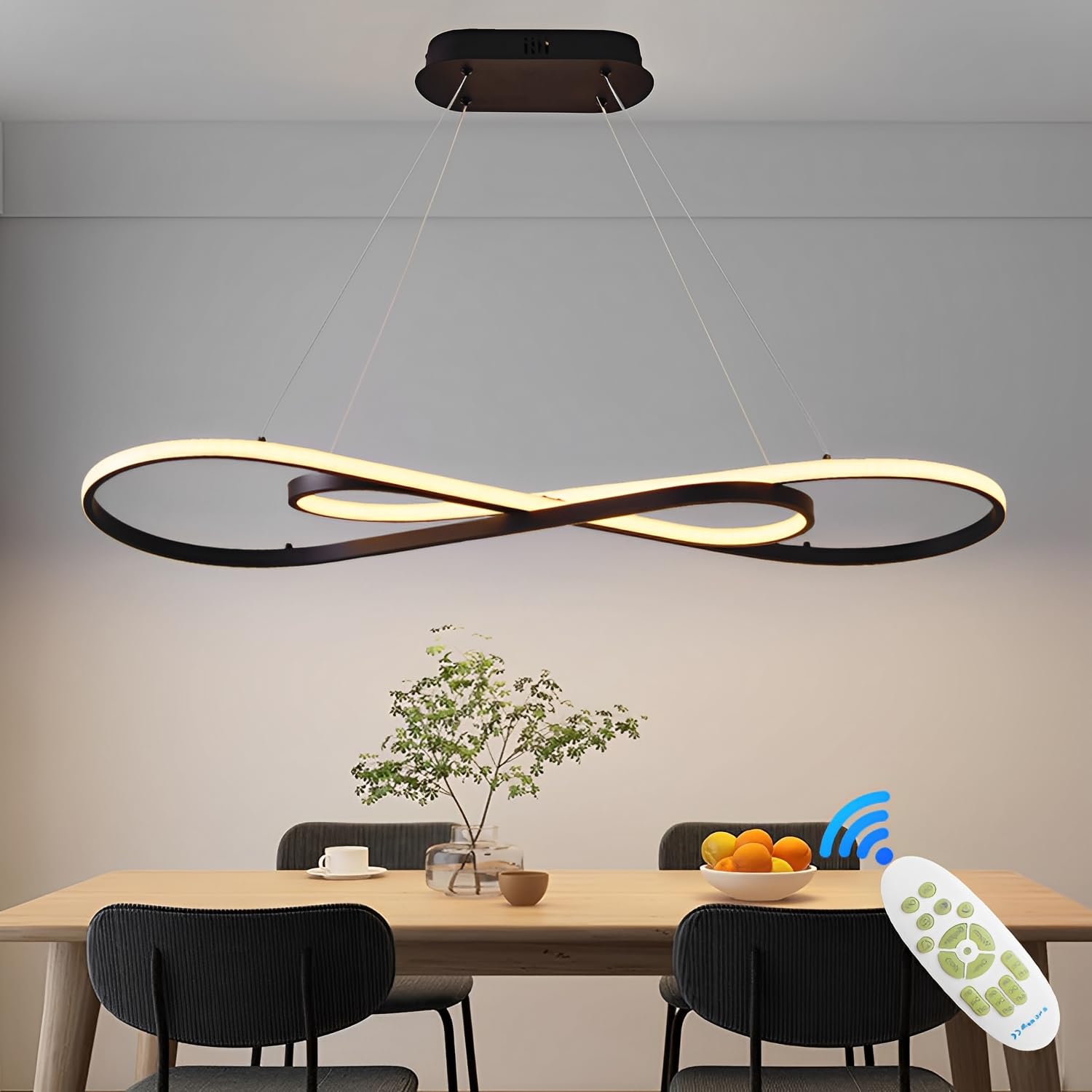 57W LED Pendelleuchte, Doppelfigur 8 Design, Schwarz | Dimmbare Hängelampe mit Fernbedienung, Pendellampe Hängend Höhenverstellbar, Hängeleuchte für Esstisch, Esszimmer und Küche