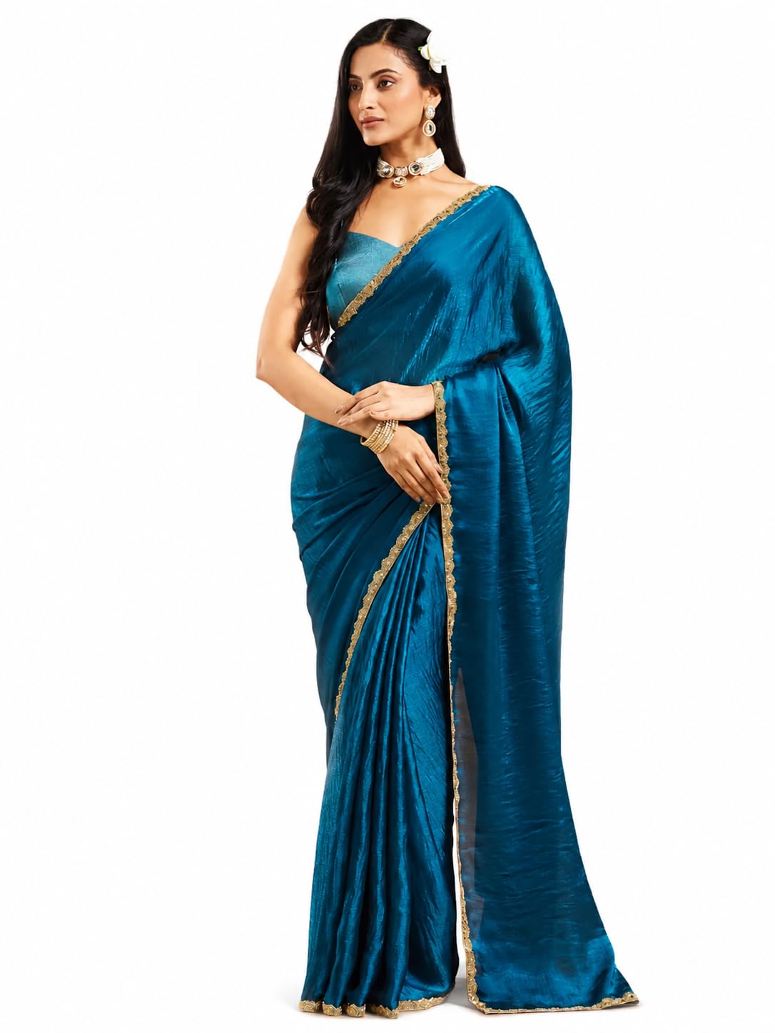 Fandy Sarees Women's Party Soft Net Saree With Gold Lace Border & Unstitched Blouse | Designer Sari for Women | Teal Blue | 5.4 Metre | NC Net Fabric-picture-16