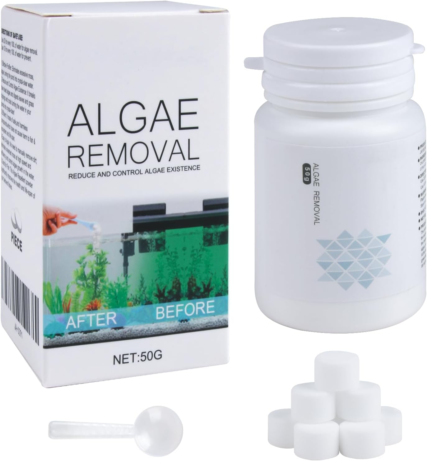 Fish Tank Algae Remover Natural Aquarium Algae Treatment 50g Algaecide Tablets with Spoon Eco-Friendly Safe for Fish & Plants Clears Green Water & Moss Ensures Healthy Aquarium Environment