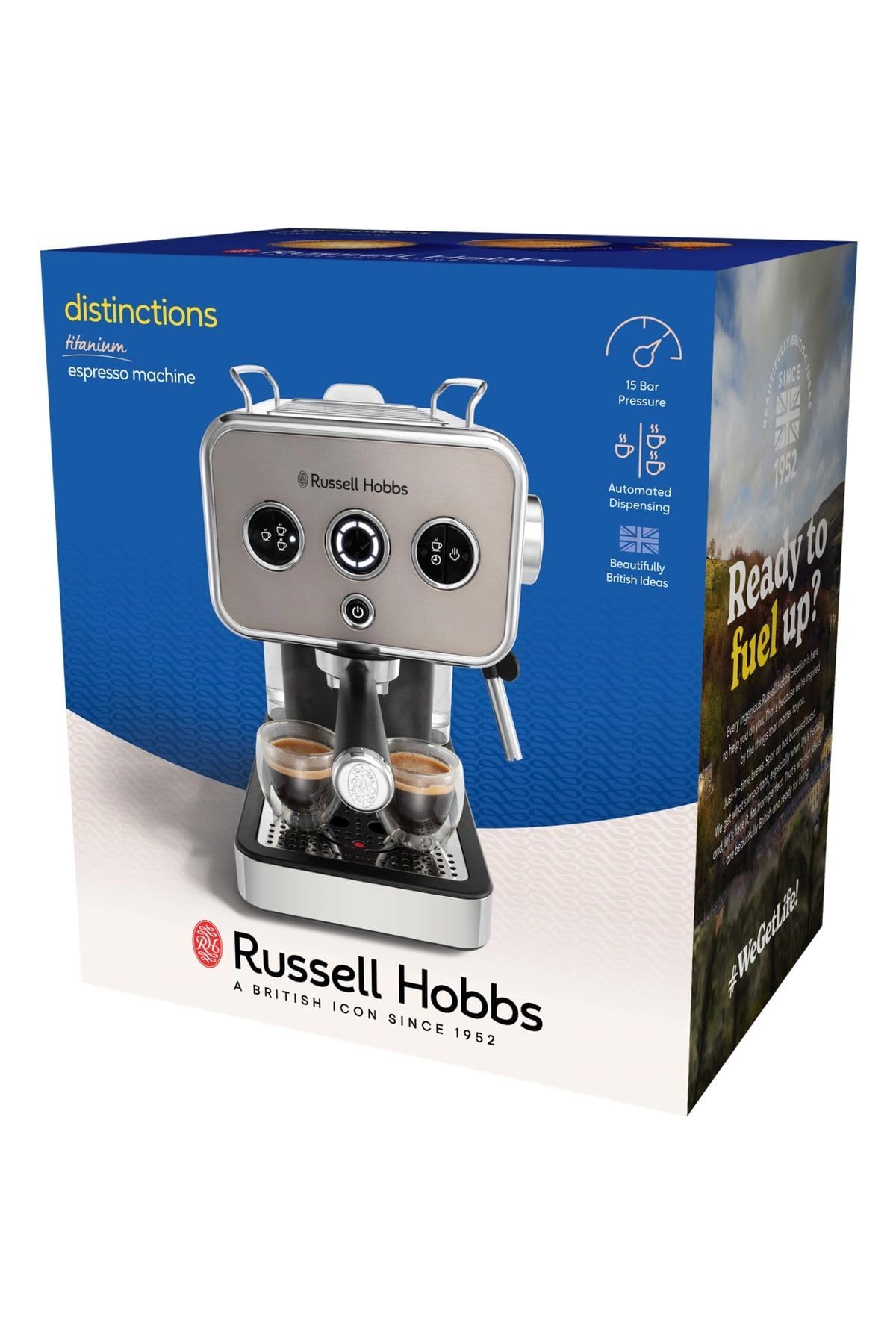 Russell Hobbs Espressomaschine [Siebträgermaschine] Distinction Edelstahl Titanium (15 Bar, Einsatz 1&2 Tassen, ESE Pads, autom.Dosieren & man.Option, Dampfdüse f Heißwasser & Milchschaum) 26452-56