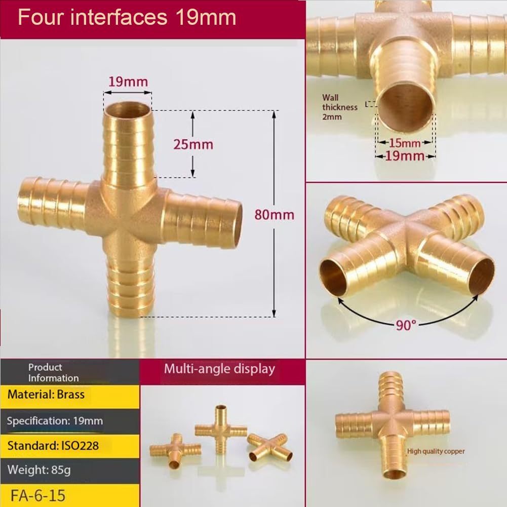 Racores de empalme con espiga de latón, Empalmes de púas for manguera latón for kit reparación aire y combustible gas, 6-19 mm, paquete 5 o 10(Four Interfaces 19mm,10pcs)
