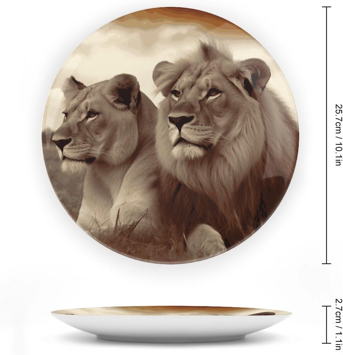 African Lion And Lioness Ceramic Decorative Plate, Bone China Plates | Chinese Style Decorative Dish with Stand, Dinner Plates Art Crafts for Wall Decor, Collections Plate with Hook 10inch