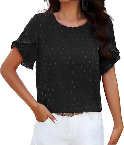 Womens White Blouse V Neck Ruffle Sleeve Flowy Shirts Dressy Casual Cute Summer 