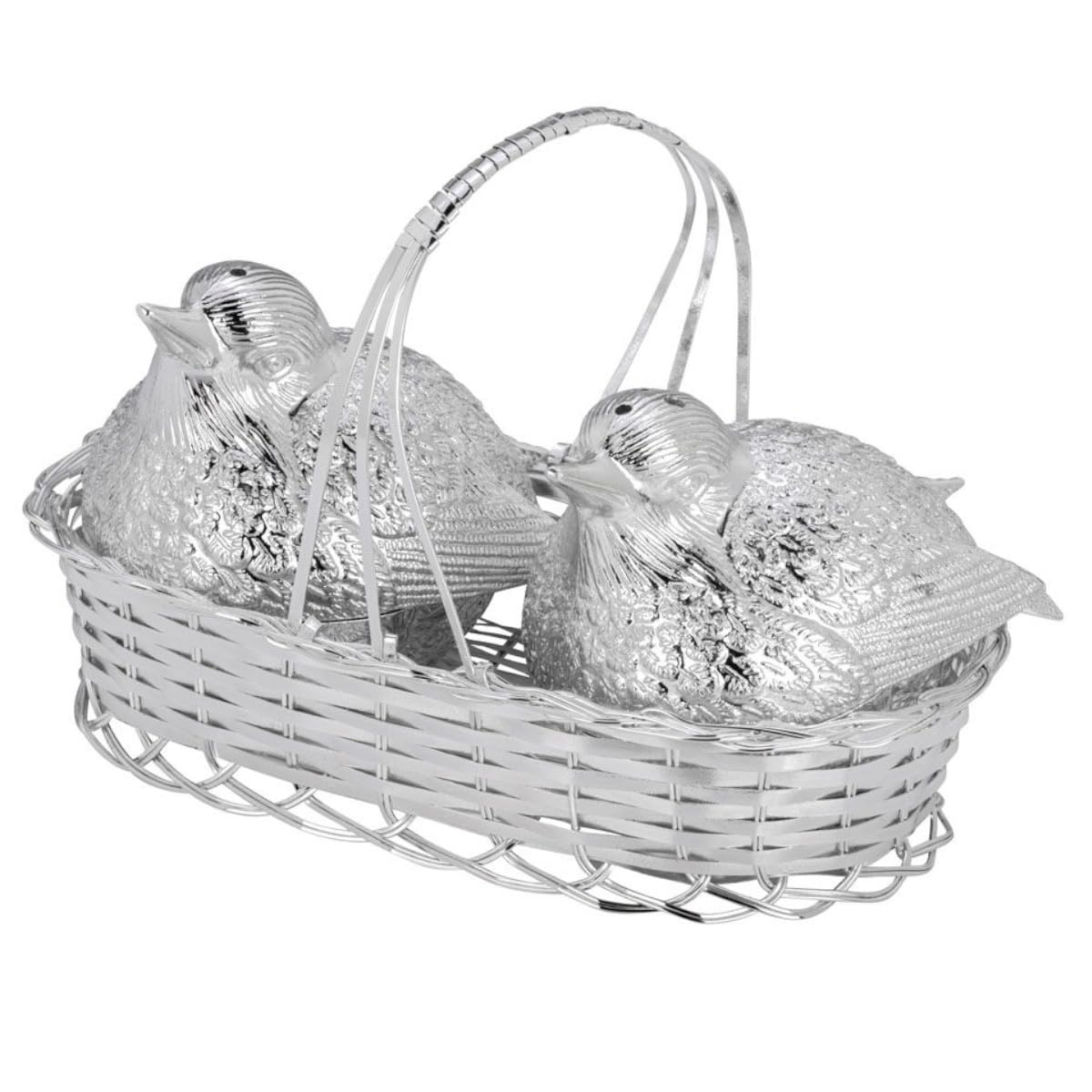 Salero y pimentero "Gorriones en la taza" plateado plateado | 14 x 8 x 11 cm | Elegante plata de mesa | Ideal como regalo