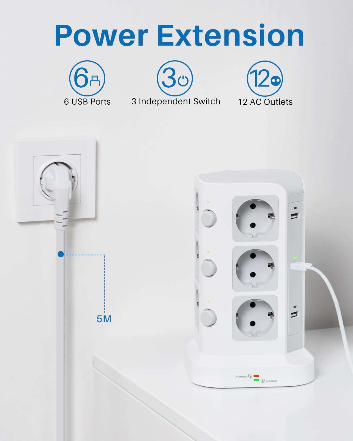 [5M CAVO] KOOSLA Multipresa verticale protezione sovratensione(4000W/16A), Ciabatta torretta multipresa con 12 prese e 6 slot USB-A, 3 interruttori indipendenti, 5M Cavo, Bianco