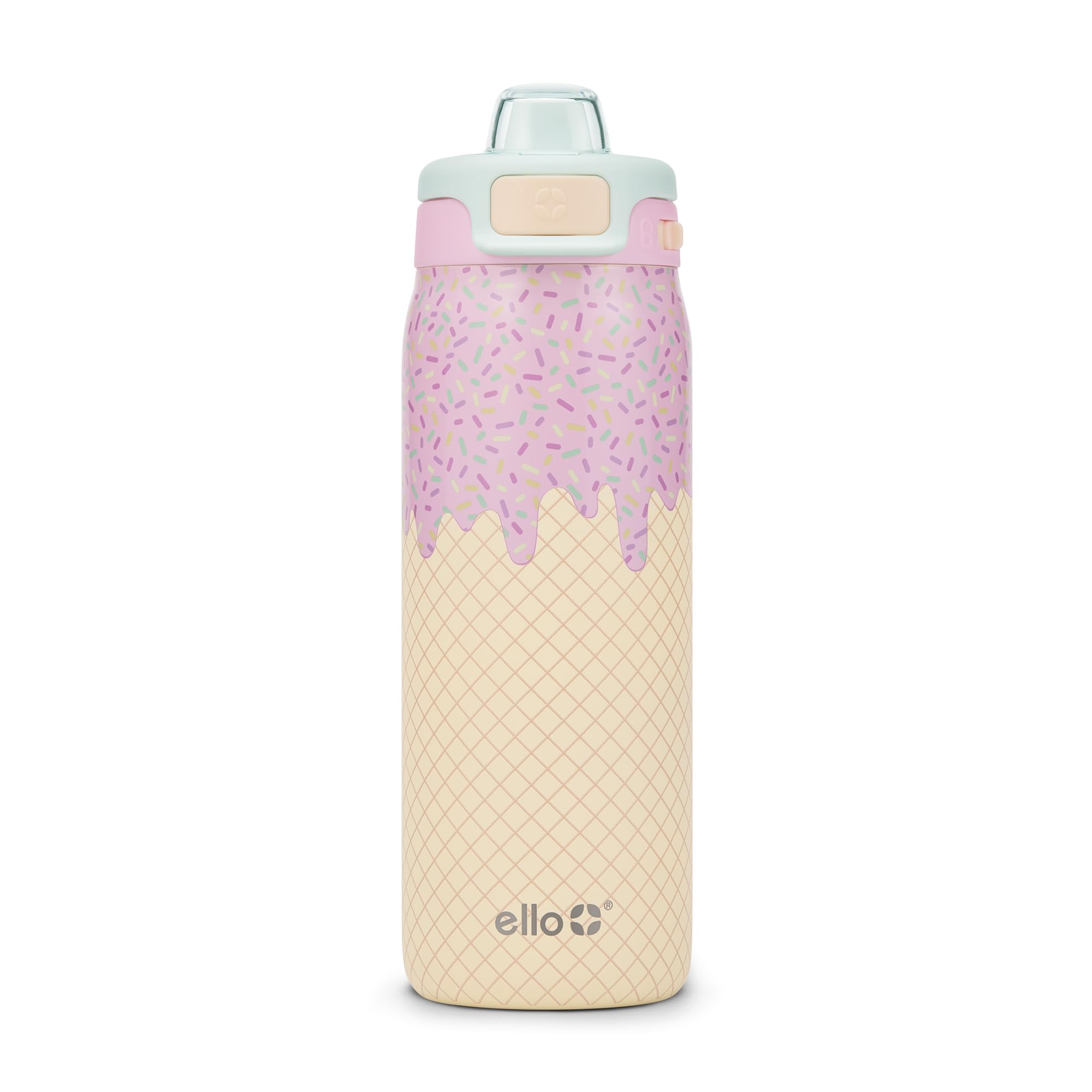 Ello Kids Pop & Fill 18oz Stainless Water Bottle, Sip or Chug, A La Mode | Insulated stainless steel kids water bottle with Quick Fill™ lid, sip straw, chug opening, leakproof lock, and BPA-free