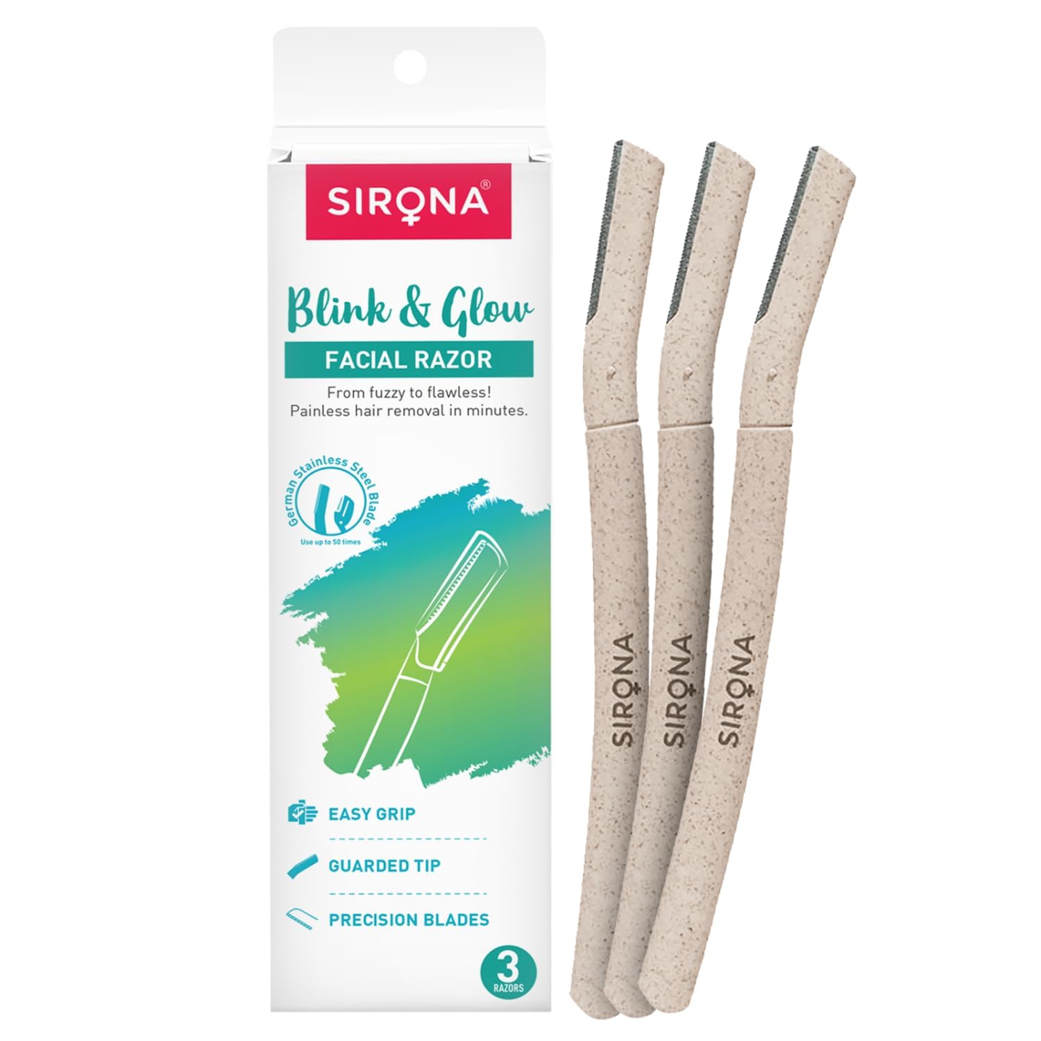 Sirona Face Razor for Women Facial Hair - Pack of 3 | Instant Glow & Painless Hair Removal | German Blades | For Eyebrows, Upper Lip, Chin, Peach Fuzz, Forehead, Unibrow, Sideburns