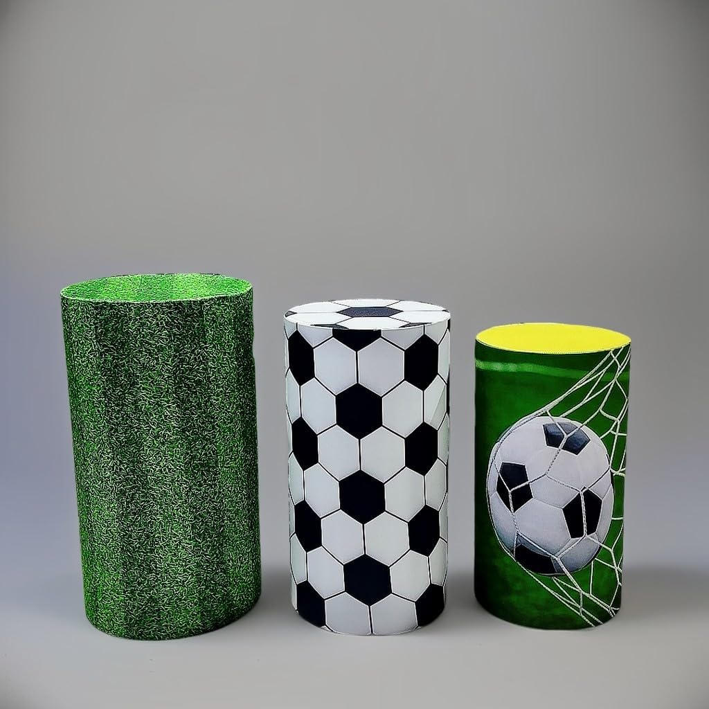 KONPON Set of 5 Soccer Sports Theme Cylinder Pedestal Covers, Flexible Cylinder Stand Covers for Dessert Table Kids Event Football Celebration Decoration