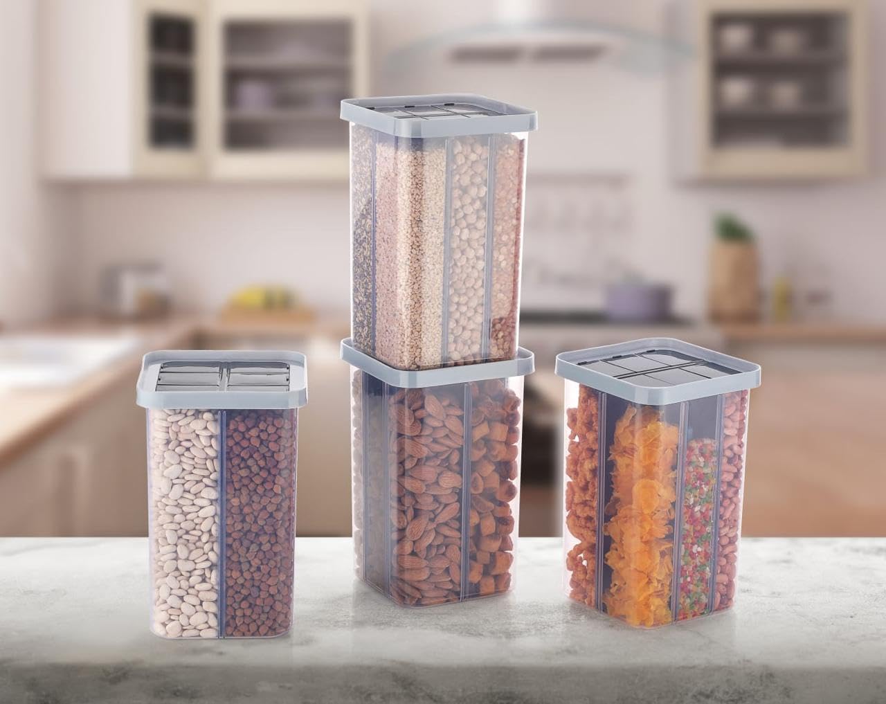DNkitch 4PCS BPA Free Airtight 6 section Plastic Storage containers,cereal, Kitchen Storage Container set for flour snacks nuts storage box,beans, sugar, coffee, tea, Dry fruits, food (Grey-Pack of 4) (B0D4VJCBL7) Amazon Price History, Amazon Price Tracker
