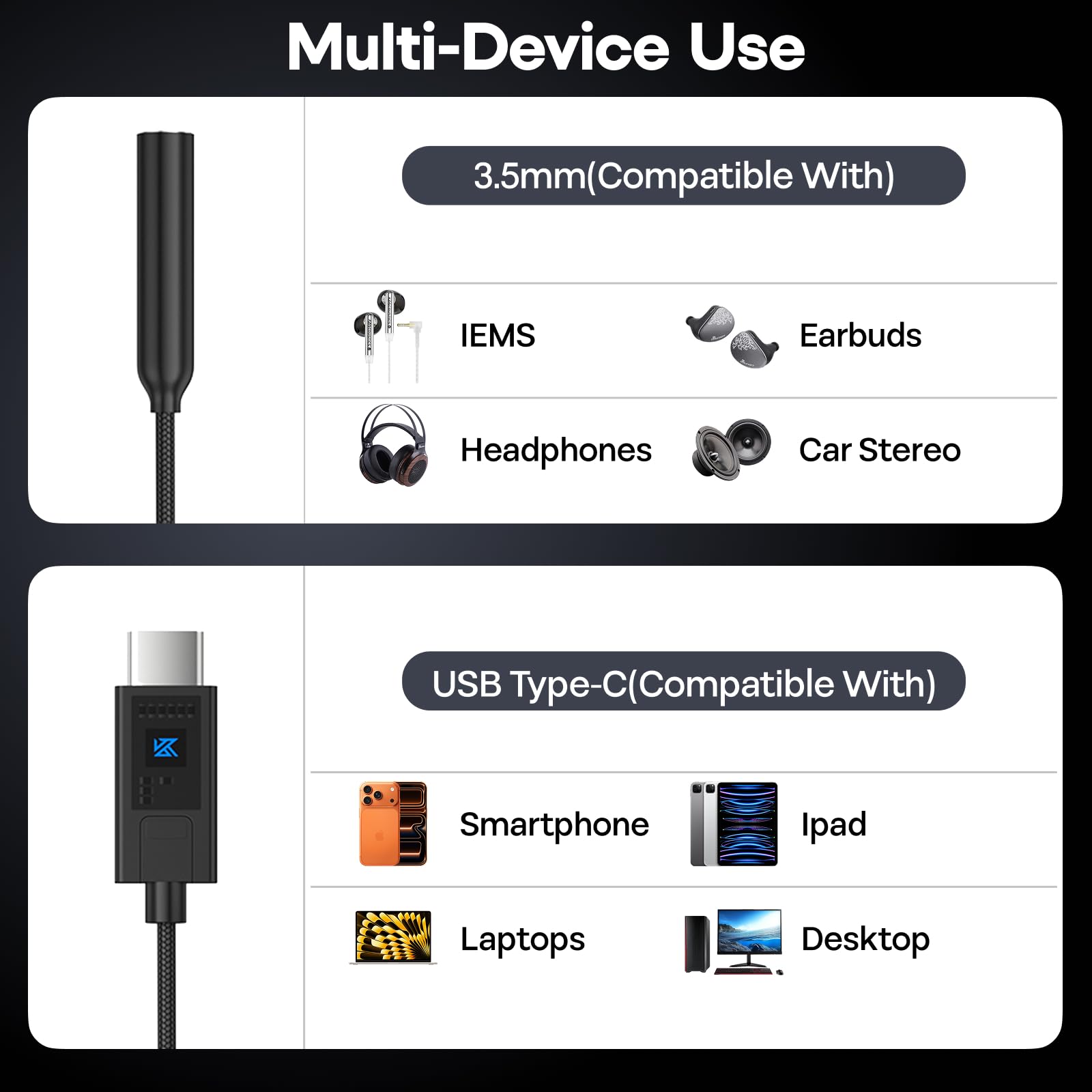 KZ AM02 Amplificateur de décodage DAC portable, adaptateur USB C vers audio 3,5 mm, câble tressé Kevlar durable mâle vers femelle avec accordage EQ professionnel à 4 étapes