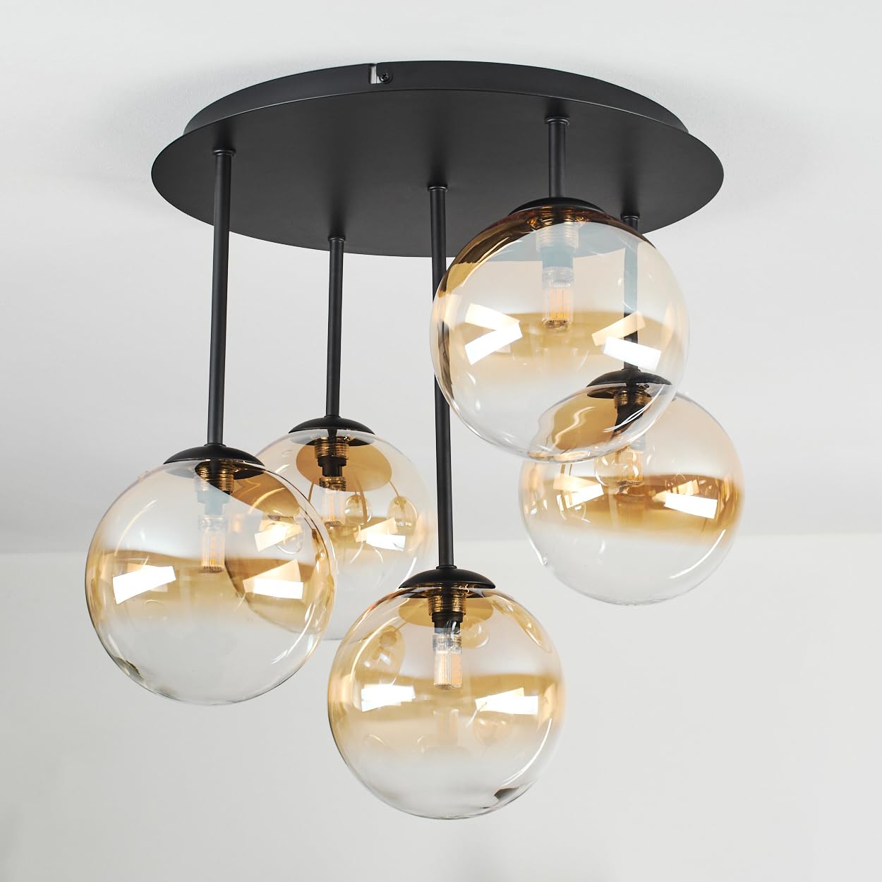 Plafoniera HOFSTEIN Chehalis, plafoniera a 5 luci in metallo/vetro nero/ambra/trasparente, lampada dal design retrò/vintage (paralumi Ø 15 cm), G9, sala da pranzo, soggiorno, camera da letto, cucina