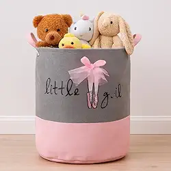 Cesto Organizador Infantil Dobrável de Roupas e Brinquedos para Menina, Rosa e Cinza, estampa Bailarina, 45x35cm.