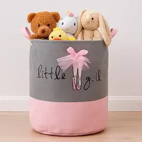 Cesto Organizador Infantil Dobrável de Roupas e Brinquedos para Menina, Rosa e Cinza, estampa Bailarina, 45x35cm.