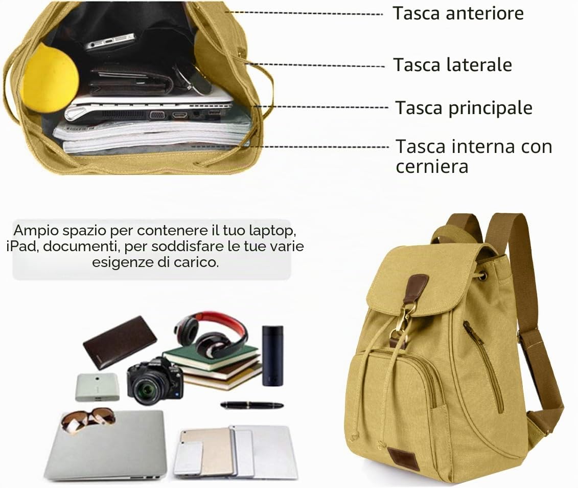 LassZone, zaino da donna in tela, stile vintage, con coulisse, multiuso, casual, per lo shopping, la scuola e il viaggio