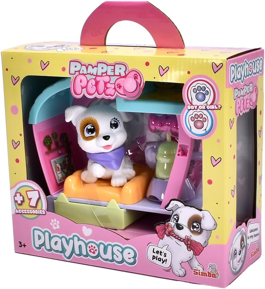 Simba Pamper Petz 105950136 Mini Playhouse with Cute Dog and Lots of Accessories, 16 cm, from 3 Years